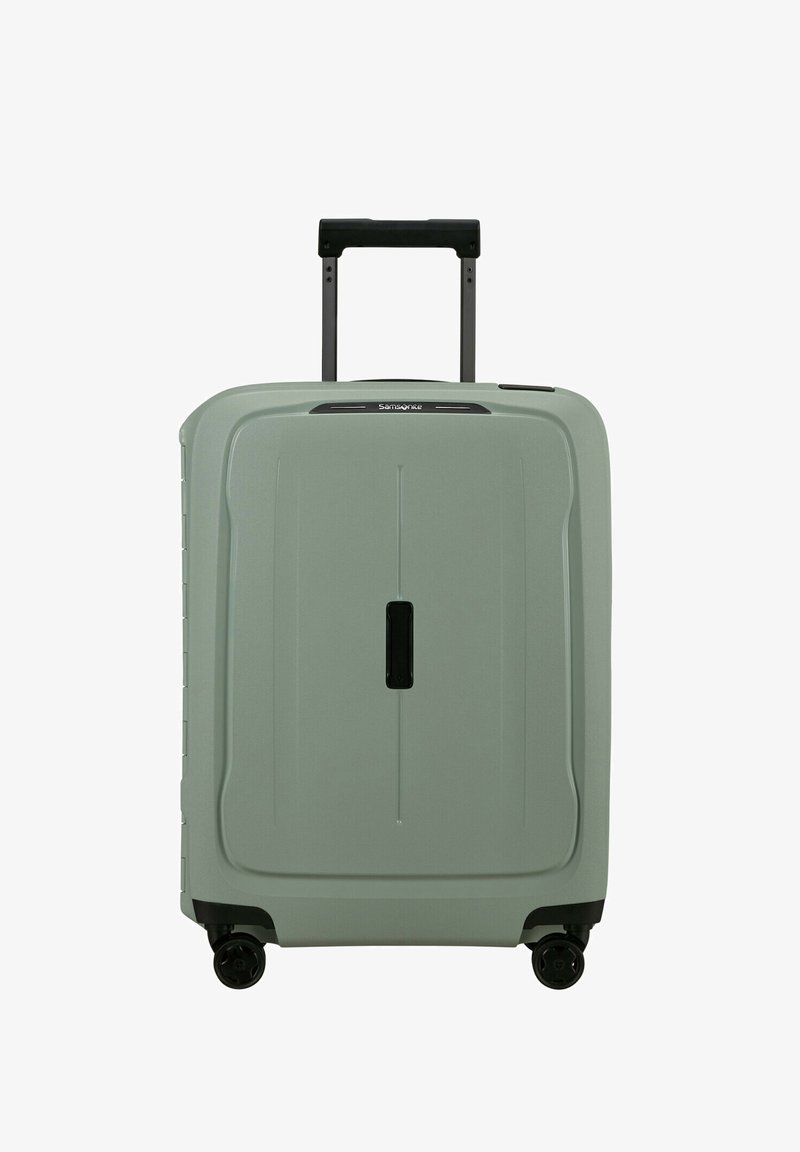 Hartschalenkoffer in Hellgrün mit strukturierter Oberfläche, ausziehbarem schwarzem Griff und vier schwarzen Rollen für optimale Beweglichkeit.