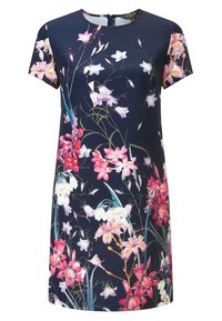 Šaty s krátkým rukávem v námořnické barvě s barevným květinovým potiskem obsahujícím růžové, bílé a fialové květy, kulatým výstřihem a zipovým uzávěrem.