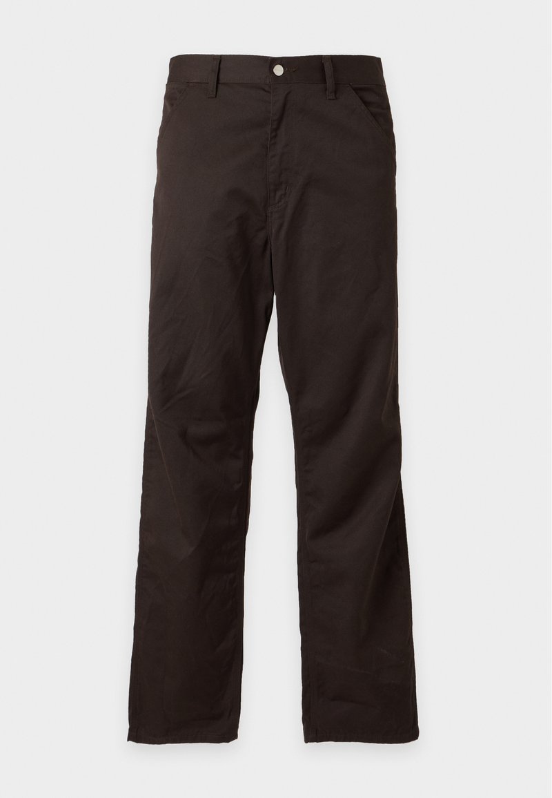 Pantalon droit noir pour homme avec passants de ceinture, poches avant et fermeture par bouton sur fond blanc.