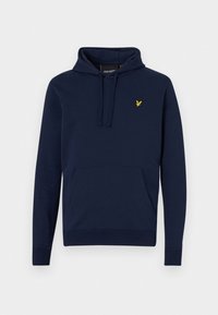 Sweat à capuche bleu marine avec poche devant, capuche à cordon et petit logo d'oiseau jaune sur le côté gauche de la poitrine.