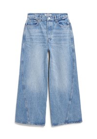 Weite Denim-Jeans in Hellblau mit hoher Taille, kontrastierenden Nähten und einem Fünf-Taschen-Design. Glatte Textur mit einem verblassten Finish.