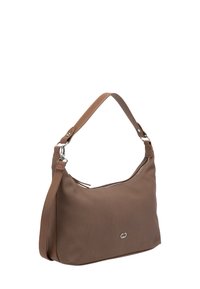Borsa a spalla in pelle marrone con cerniera argentata e piccolo logo metallico frontale, dotata di manico corto e tracolla lunga removibile.