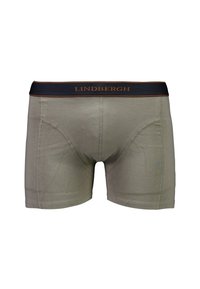 Herrarnas olivgröna boxerbriefs med svart elastisk midja som har en orange "Lindbergh"-logotyp.