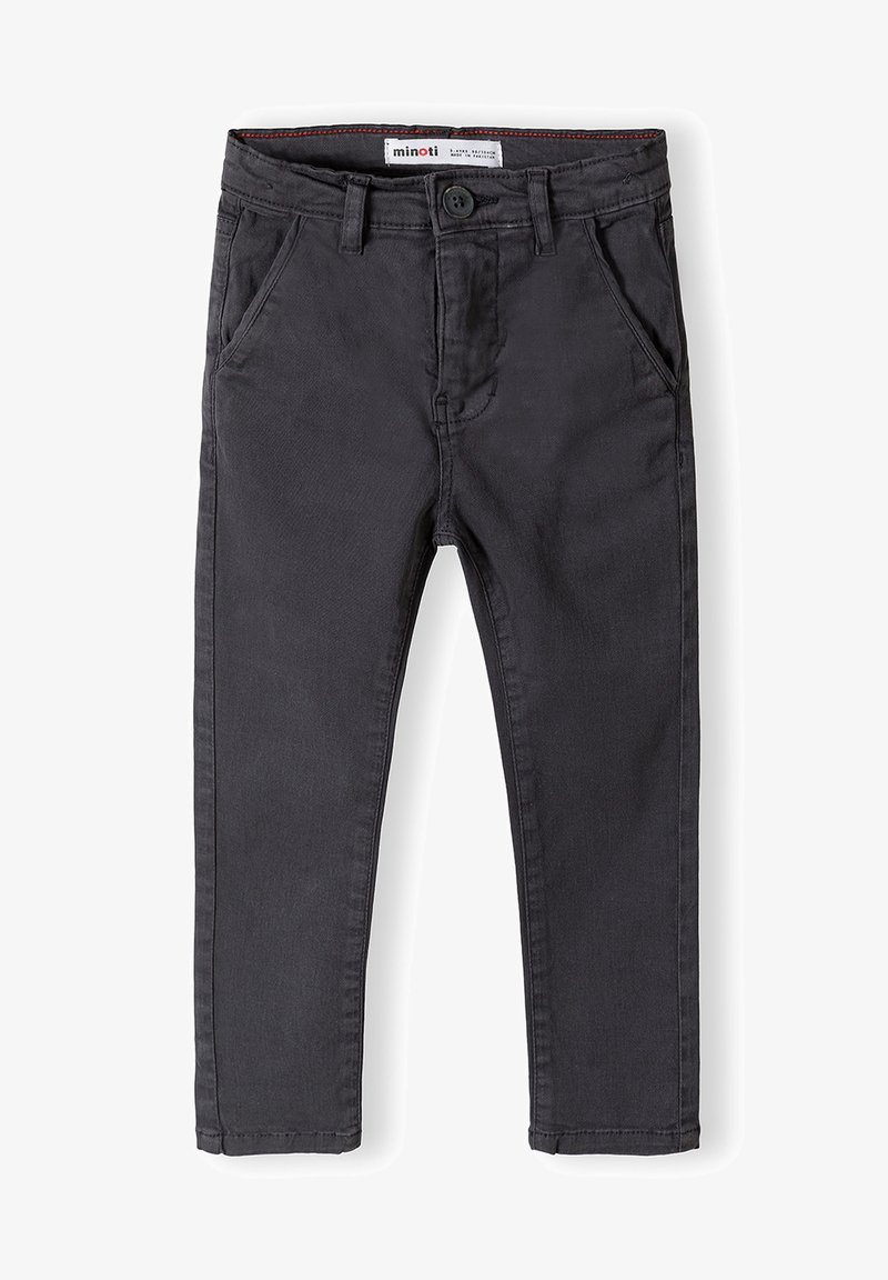 Pantalon en coton mélangé noir avec une coupe classique, cinq poches, une fermeture à bouton et des coutures contrastées à la taille.