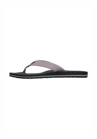 Flip-flop met een zwarte rubberen zool, grijze stoffen banden met een gestructureerde afwerking en lichtroze accenten. Lichtgewicht ontwerp voor comfort.