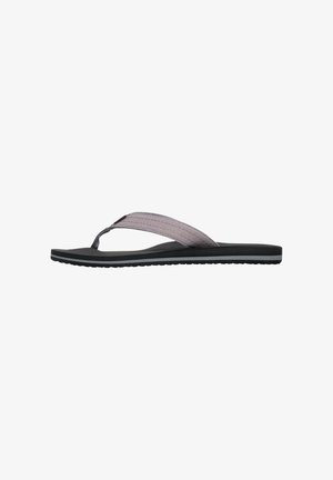 Flip-Flop mit einer schwarzen Gummisohle, grauen Stoffriemen mit strukturiertem Finish und leichten rosa Akzenten. Leichtes Design für Komfort.