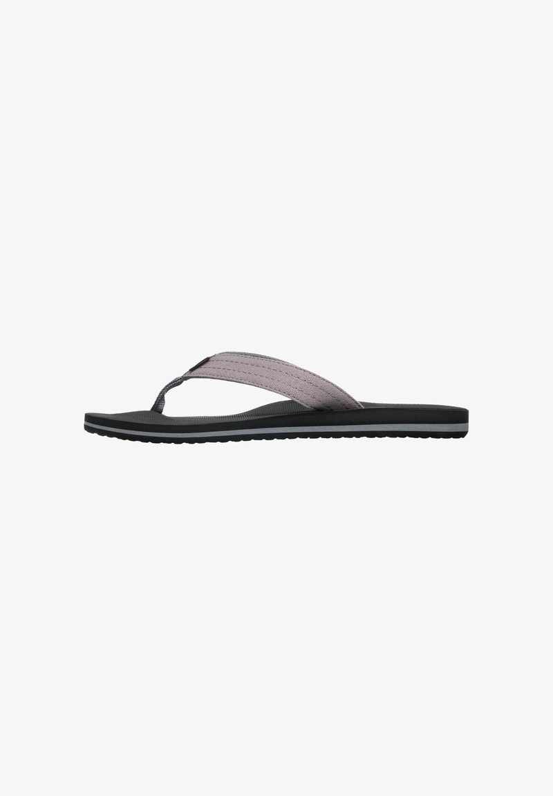 Flip-flop met een zwarte rubberen zool, grijze stoffen banden met een gestructureerde afwerking en lichtroze accenten. Lichtgewicht ontwerp voor comfort.