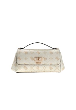 Kleine cremefarbene Guess-Handtasche mit beigem Logomuster, oberer Griff und goldfarbenem Logoverschluss auf der vorderen Klappe.