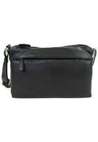 Borsa a spalla in pelle nera con una superficie liscia, forma rettangolare, chiusura con zip superiore e tracolla regolabile per versatilità.