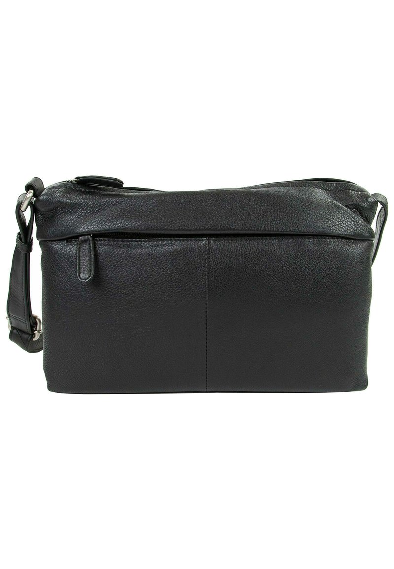 Borsa a spalla in pelle nera con una superficie liscia, forma rettangolare, chiusura con zip superiore e tracolla regolabile per versatilità.