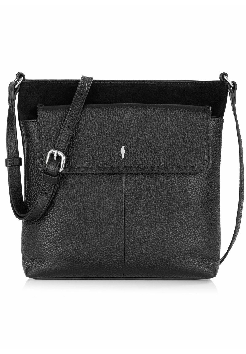 Czarna skórzana torba na ramię z teksturowanym wykończeniem, zapinana na klapkę, z ozdobnym stębnowanym brzegiem. Regulowany pasek dla komfortu noszenia.