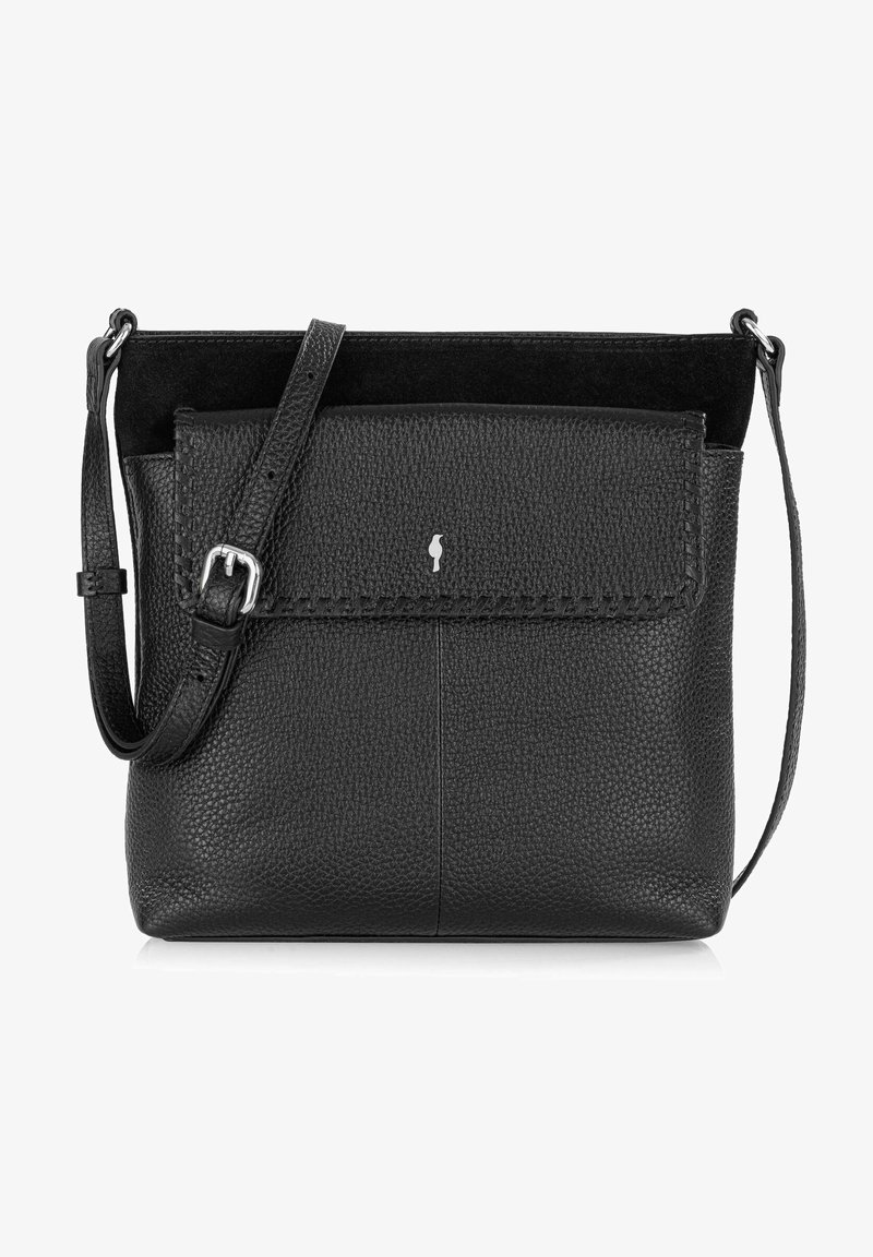 Czarna skórzana torba na ramię z teksturowanym wykończeniem, zapinana na klapkę, z ozdobnym stębnowanym brzegiem. Regulowany pasek dla komfortu noszenia.