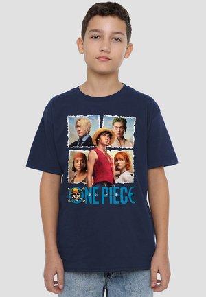 Navy blue cotton t-shirt featuring a graphic with four character portraits from "One Piece" and a logo with a skull and crossbones.