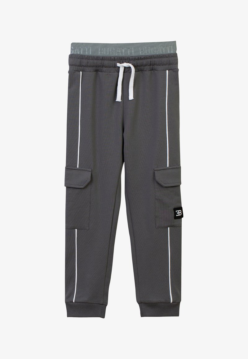 Graue Cargo-Sweatpants mit elastischem Bund, weißen Seitenstreifen und zwei aufgesetzten Taschen. Mit einem schwarzen Logopatch auf der linken Tasche.