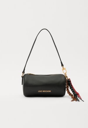 Black cylindrical Love Moschino handbag with a single strap and braided leather tassels in black, brown, and red attached.