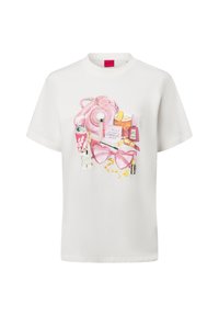 Weißes Baumwoll-T-Shirt mit einem bunten Grafikdruck von pinken Accessoires, darunter Sonnenbrille, Dose und Kosmetik.