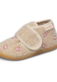 Beiga filttofflor med rosa broderade blommor, tygspänne med kardborre, och gummisula; strukturerad ovandel med skimrande detaljer.