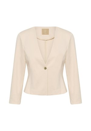 Krém színű női blézer hosszú ujjal, mély V-nyakkivágással és egygombos elülső záródással, testhez simuló szabás.