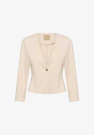 Damenblazer in Cremefarbe mit langen Ärmeln, tiefem V-Ausschnitt und einreihiger Vorderknopfleiste, taillierte Passform.