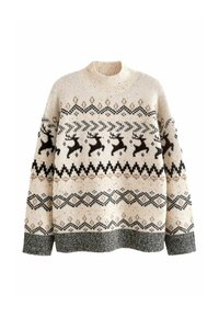 Cremfarbener Pullover mit hohem Ausschnitt. Verfügt über schwarze und braune Rentiermuster, geometrische Akzente und eine strukturierte Strickart. Rippbündchen.