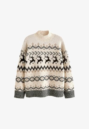 Cremfarbener Pullover mit hohem Ausschnitt. Verfügt über schwarze und braune Rentiermuster, geometrische Akzente und eine strukturierte Strickart. Rippbündchen.