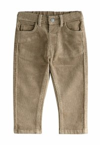 Pantalons en velours côtelé marron avec une texture ribbed, dotés d'une fermeture éclair, de passants de ceinture et de poches avant. Design simple et ajusté à jambes droites.