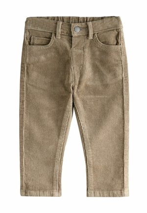 Pantaloni in corduroy marroni con una texture a righe, dotati di zip, passanti per cintura e tasche anteriori. Design semplice e dritto, su misura.