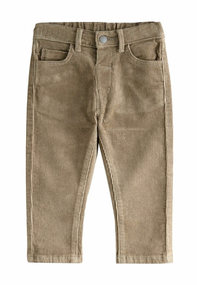 Pantalons en velours côtelé marron avec une texture ribbed, dotés d'une fermeture éclair, de passants de ceinture et de poches avant. Design simple et ajusté à jambes droites.