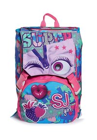 Zaino con design multicolore nei toni del blu, rosa e verde. Presenta grafiche giocose, tra cui occhi, labbra e fragole.