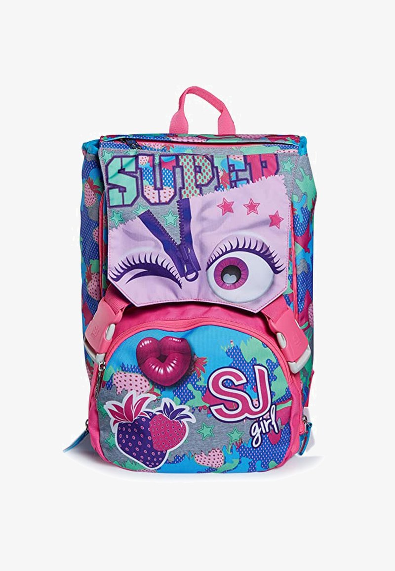 Zaino con design multicolore nei toni del blu, rosa e verde. Presenta grafiche giocose, tra cui occhi, labbra e fragole.