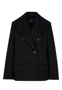 Zwarte dubbelbreasted blazer met grote revers, twee voorknovels en zwarte knopen. Gemaakt van gestructureerde stof met een gladde textuur.