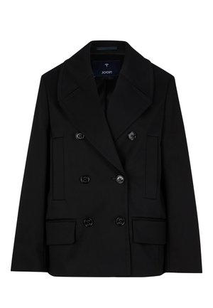 Blazer nero doppiopetto con ampi risvolti, due tasche frontali e bottoni neri. Realizzato in tessuto strutturato con una texture liscia.