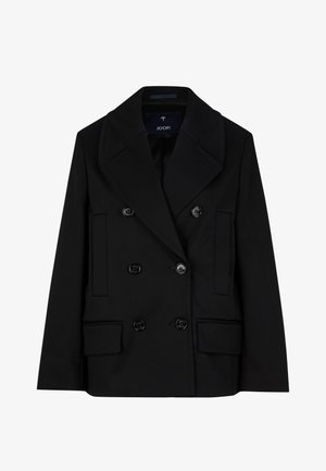 Zwarte dubbelbreasted blazer met grote revers, twee voorknovels en zwarte knopen. Gemaakt van gestructureerde stof met een gladde textuur.