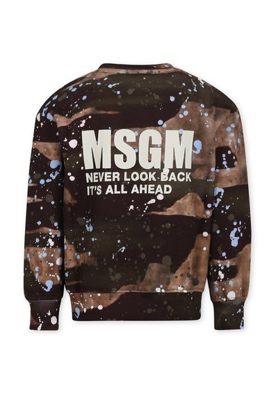 Bruin en blauw spetterpatroon sweatshirt met ronde hals, met "MSGM" en tekst op de achterkant: "Kijk NOOIT terug, alles ligt voor je."