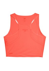 Bright coral athletic tank top made of textured fabric; features racerback design and ventilation cutouts; clean, seamless edges.