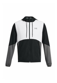 Chaqueta cortavientos en negro, blanco y gris con capucha, que cuenta con cierre de cremallera en la parte delantera, puños elásticos y un logo en el pecho.