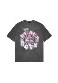 Gray oversized t-shirt featuring a retro graphic print of "The Beach Boys" in white and pink with circular design accents. Short sleeves.