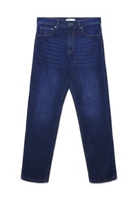 Jeans dritti in denim blu scuro con tasche frontali, passanti per cintura e chiusura a bottone in vita.