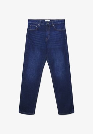 Dunkelblaue gerade geschnittene Denim-Jeans mit Fronttaschen, Gürtelschlaufen und einem Knopfverschluss an der Taille.