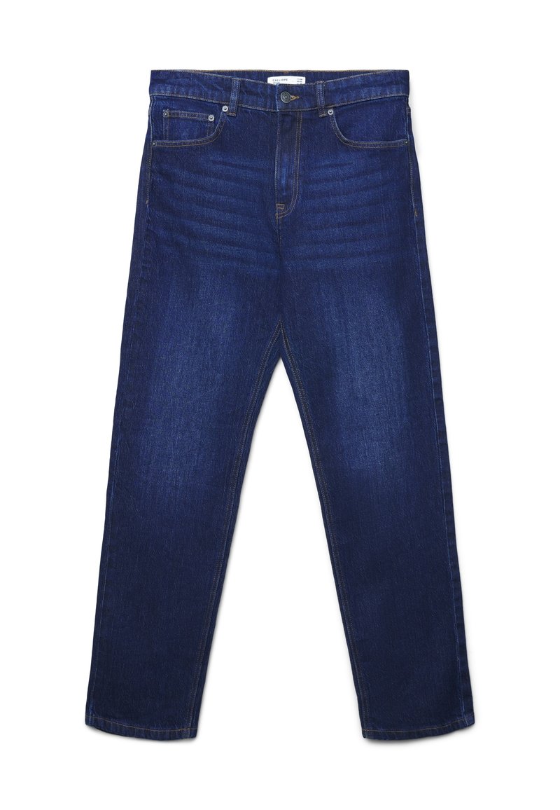 Jeans dritti in denim blu scuro con tasche frontali, passanti per cintura e chiusura a bottone in vita.