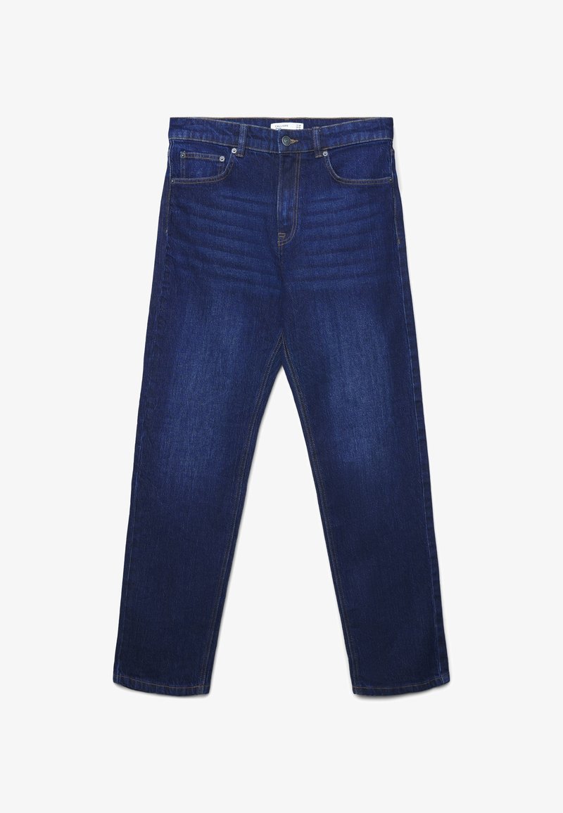 Jeans dritti in denim blu scuro con tasche frontali, passanti per cintura e chiusura a bottone in vita.