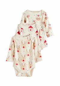 Tre langærmede baby bodystockings i cremet ribbet stof med festlige mønstre: rensdyr, julesokker og julesnitter i røde og grønne nuancer.