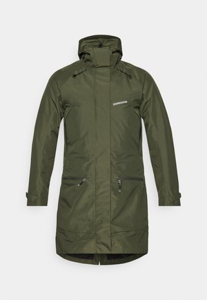 Olive green waterproof parka with a hood, zippered pockets, and adjustable cuffs. Features a sleek, streamlined design and textured fabric.