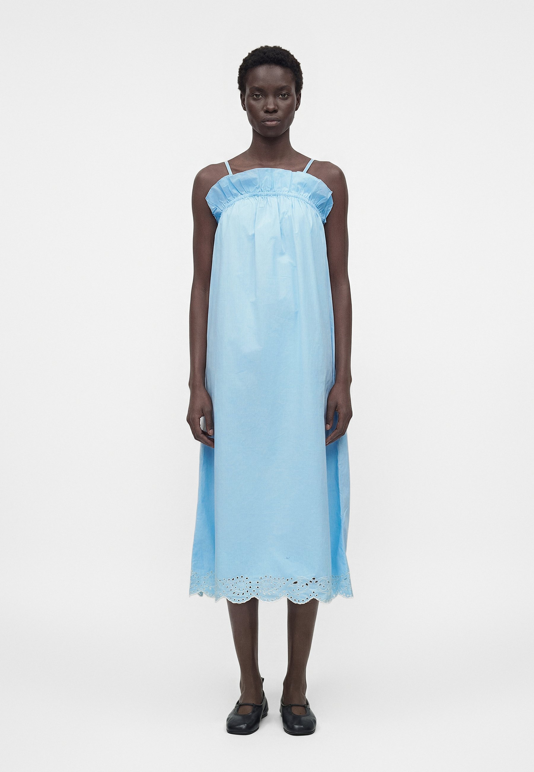 light blue dress black shoes Stine Goya SCALLOPED STRAP MIDI - Day dress 7755BLK | Stella York Collection hidden zipper and 2 Size::2XL