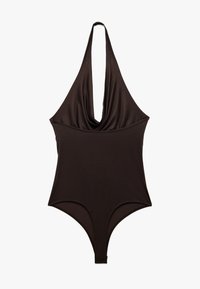 Bañador negro con cuello halter, frente con caída profunda, forma ajustada y piernas de corte alto. Fabricado con una tela suave y elástica. Sin herrajes visibles.