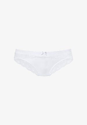 Valgete naiste bikiinialused, millel on pitsäär ja väike lips keskel, näidatud valgel taustal.