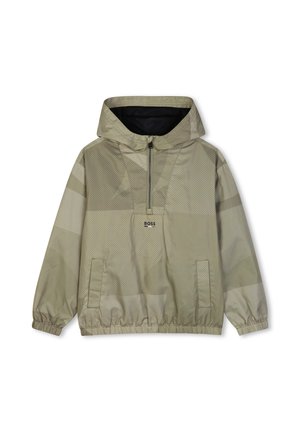 Veste à capuche à motif camouflage marron clair et beige avec fermeture éclair sur le devant, poignets élastiques, poches et logo BOSS sur la poitrine.