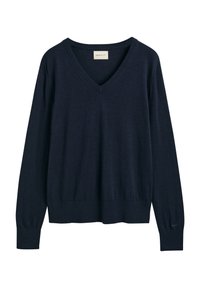Maglione blu navy a V con maniche lunghe, polsini e orlo a coste, realizzato in materiale morbido. Presenta l'etichetta del marchio sul colletto.
