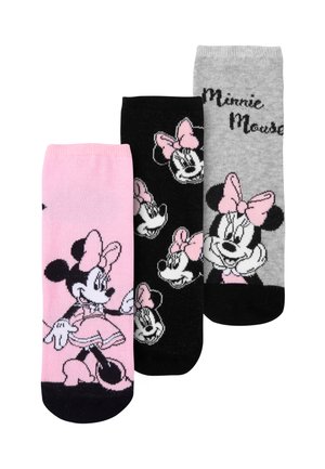 Three pairs of socks: pink, black, and gray. Features Minnie Mouse designs; pink bow accents, black patterns, and varying expressions.