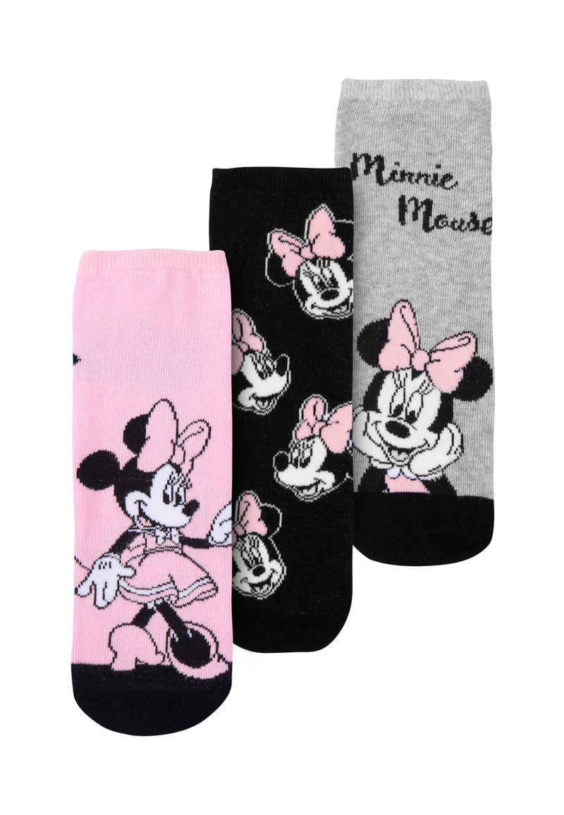 Tre paia di calzini: rosa, nera e grigia. Presentano design di Minnie Mouse; accenti a forma di fiocco rosa, motivi neri e espressioni diverse.